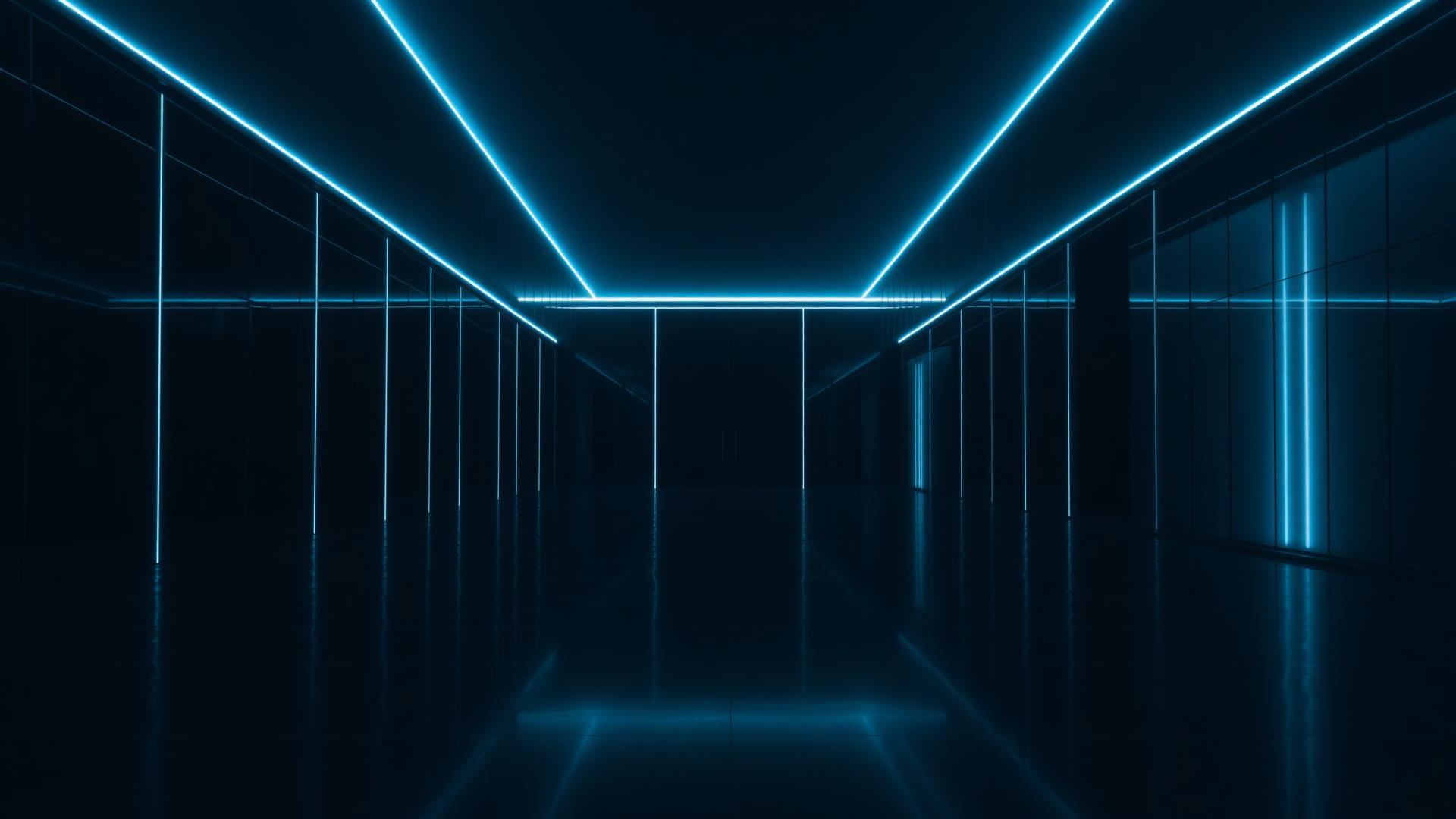 Dark architectural corridor lit with thin ice-blue light seams